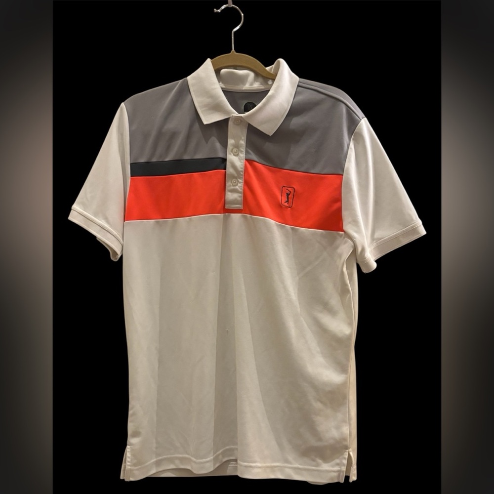 PGA Men's White and Gray Polo Shirt with Red Stripe